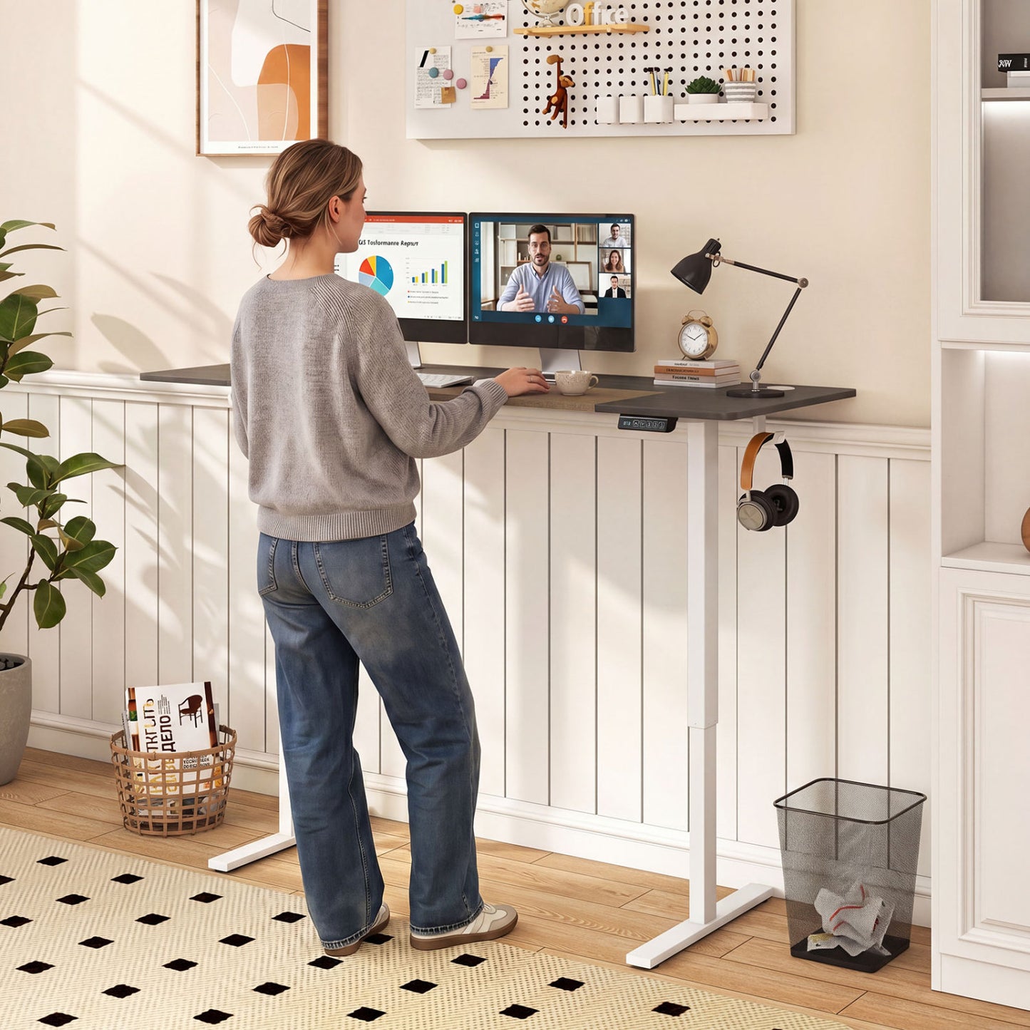 63 x 24 Inch Height Adjustable Sit Stand Desk, Grey Computer Desks at Gallery Canada