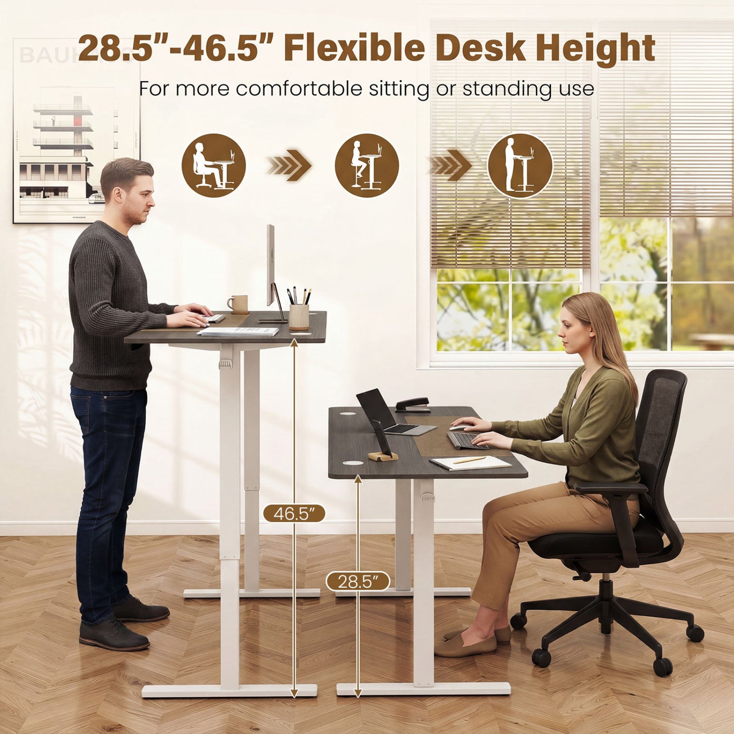 63 x 24 Inch Height Adjustable Sit Stand Desk, Grey Computer Desks at Gallery Canada