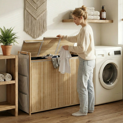 Bamboo Laundry Hamper with Removable Drawstring Bag and Side Storage Pockets, 47 Gal, Natural