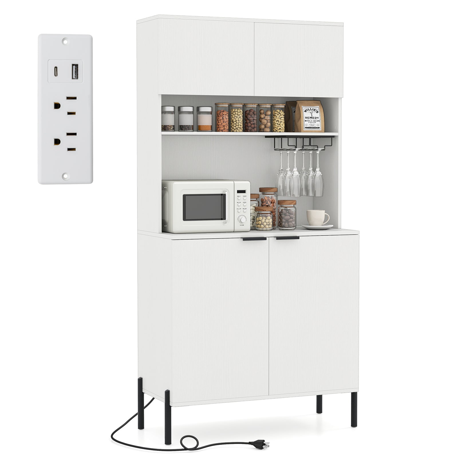64.5 Inches Tall Kitchen Pantry Cabinet with Charging Station and Wine Glass Rack, White Sideboards Cabinets & Buffets at Gallery Canada