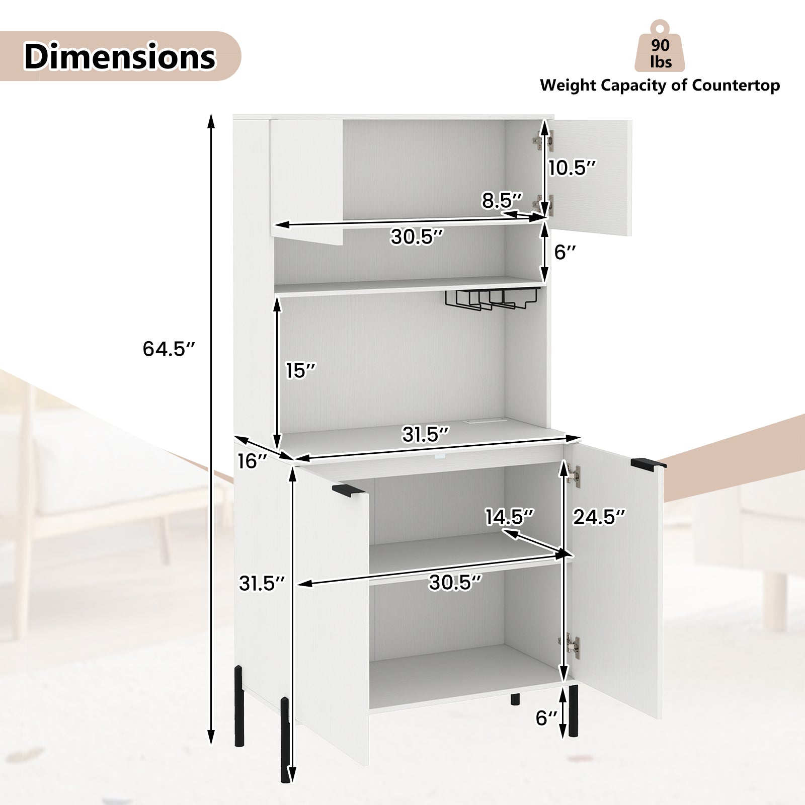 64.5 Inches Tall Kitchen Pantry Cabinet with Charging Station and Wine Glass Rack, White Sideboards Cabinets & Buffets at Gallery Canada