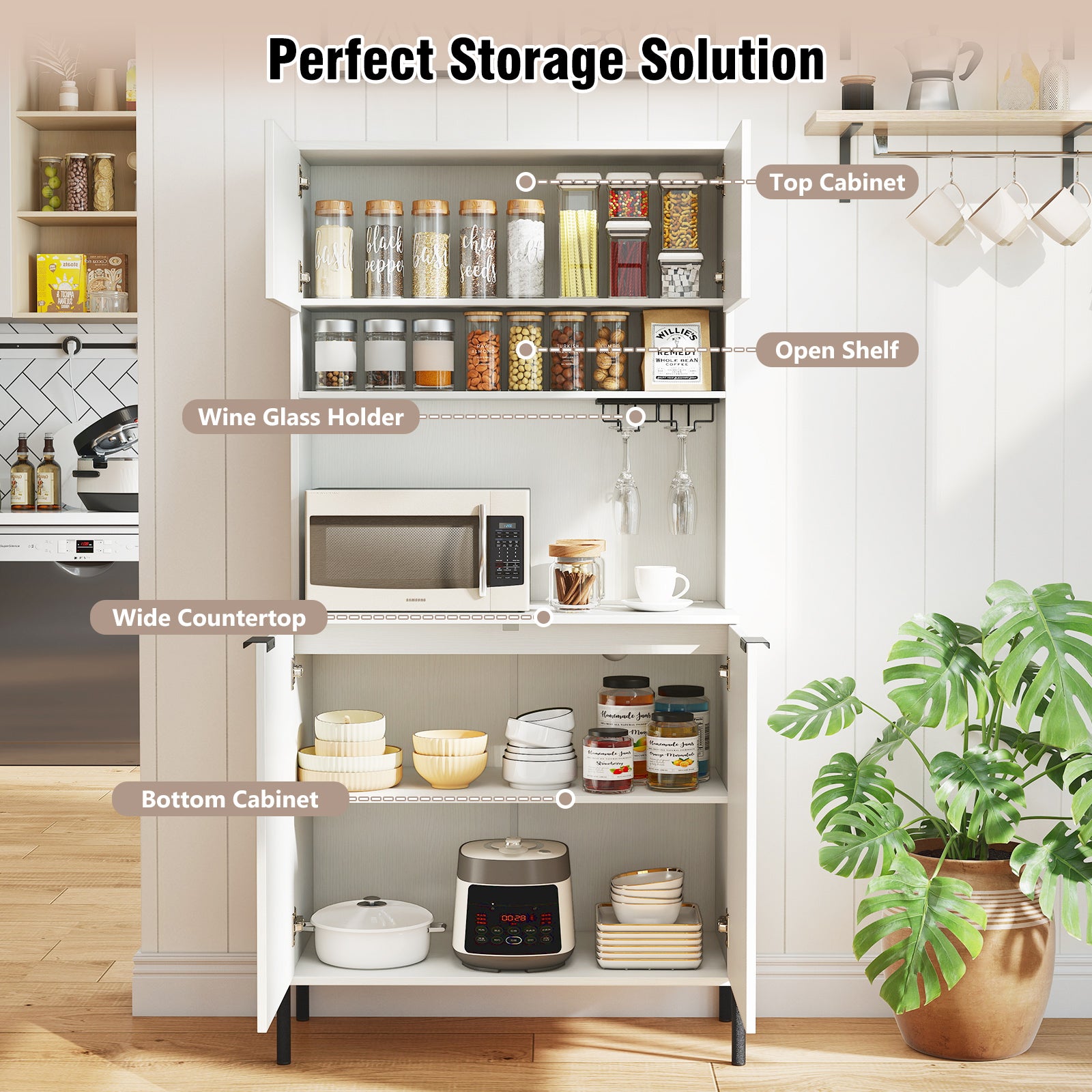 64.5 Inches Tall Kitchen Pantry Cabinet with Charging Station and Wine Glass Rack, White Sideboards Cabinets & Buffets at Gallery Canada