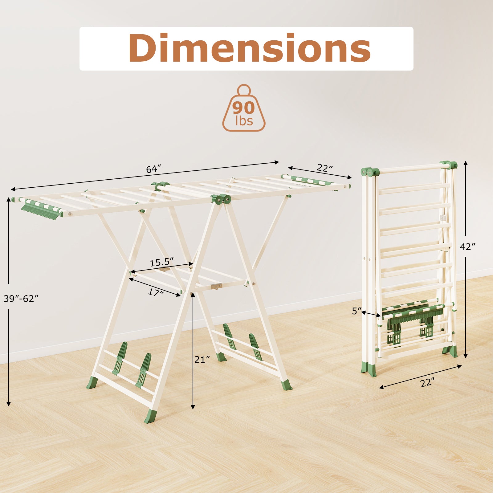 64 Inch Adjustable Clothes Drying Rack, Beige Drying Racks at Gallery Canada
