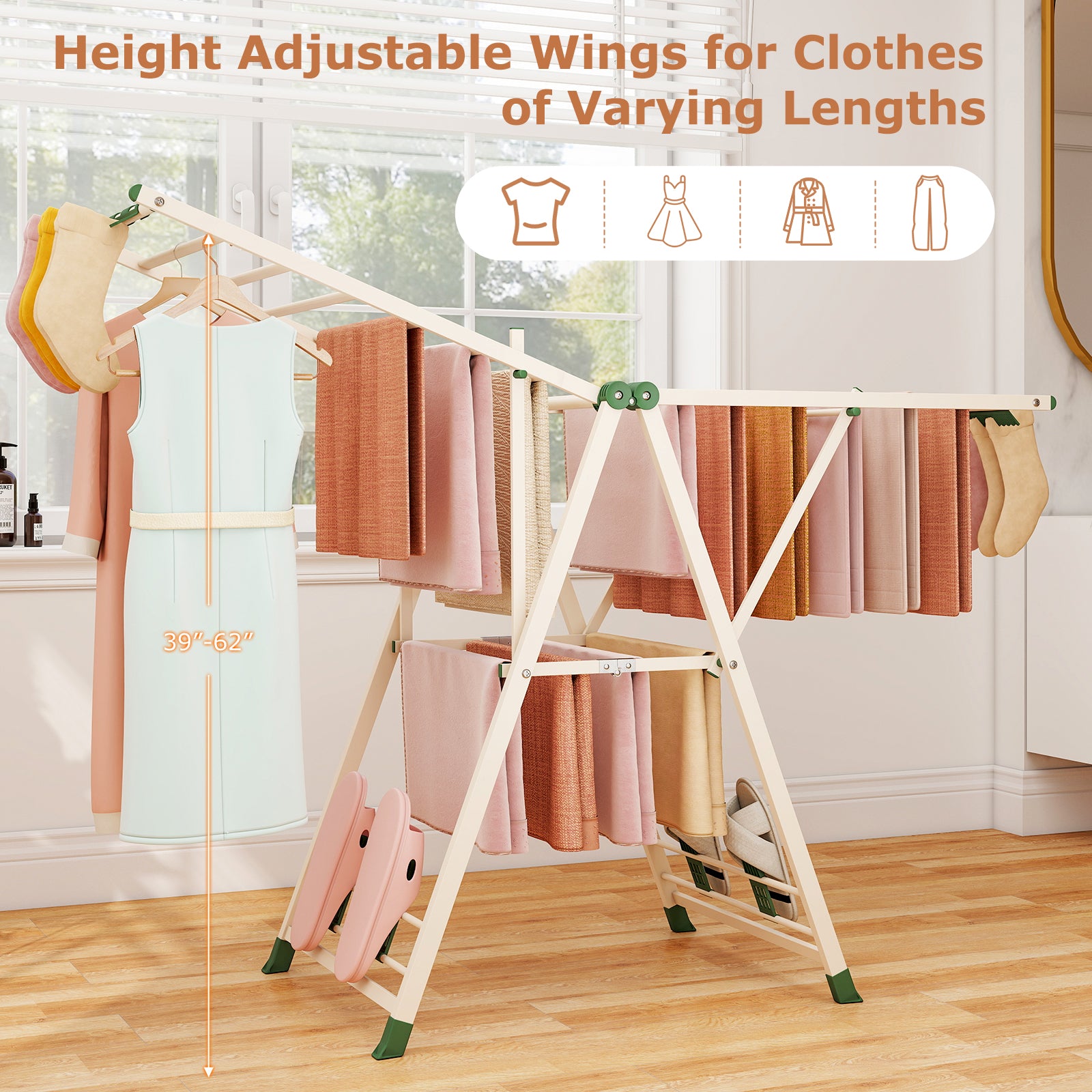 64 Inch Adjustable Clothes Drying Rack, Beige Drying Racks at Gallery Canada