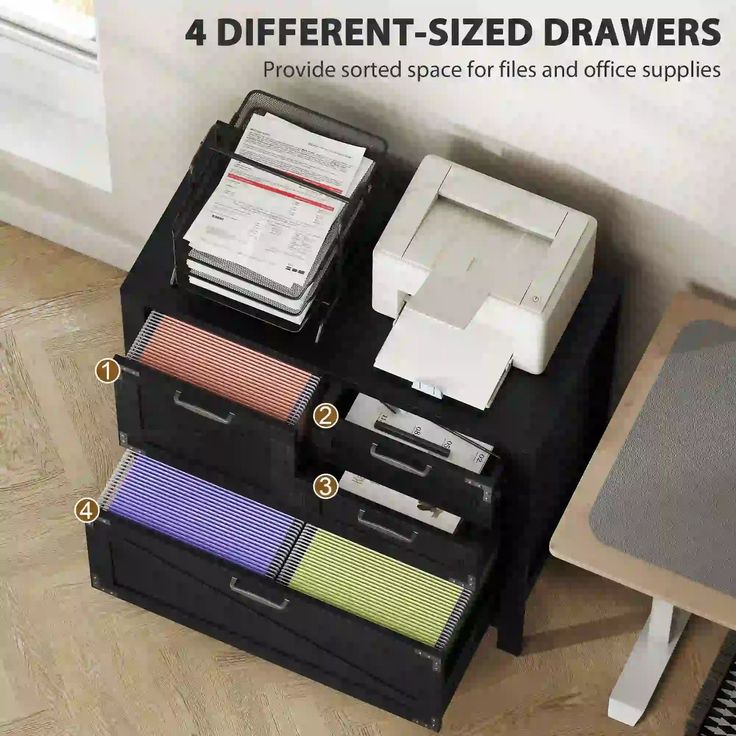 Lateral Filing Cabinet, 4 Drawers, Fits Letter/A4/Legal Files, Black Wood Grain, Black Office Cabinets & Cupboards at Gallery Canada