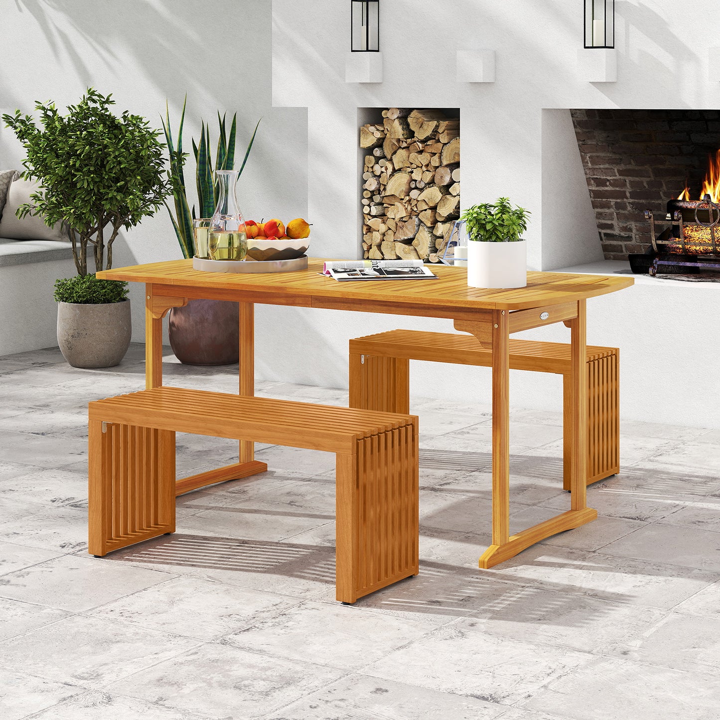 36 Inch Acacia Wood Patio Bench, All-Slat Loveseat Outdoor Benches at Gallery Canada