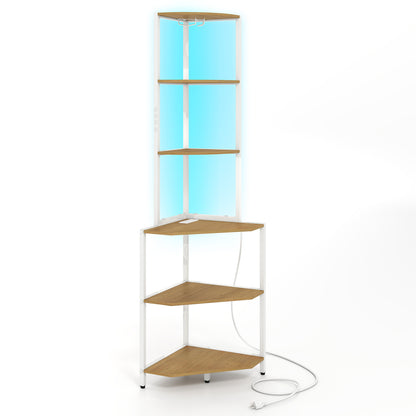 65 Inch 6-Tier Corner Shelf with Charging Station Bookcases Natural & White at Gallery Canada