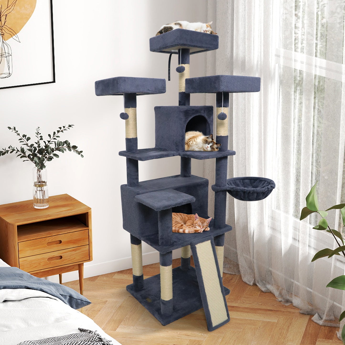 65 Inch Tall Multi-level Cat Tree with 3 Upholstered Perch and 2 Cat Condos, Dark Gray Cat Trees Condos & Scratchers at Gallery Canada