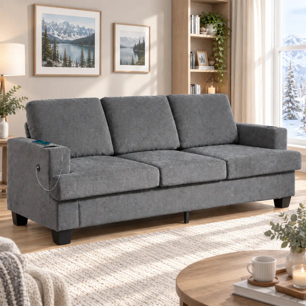 3 Seater Sofa with USB Ports, Cup Holders, Chenille Upholstery, Grey 3-Seater Sofas at Gallery Canada