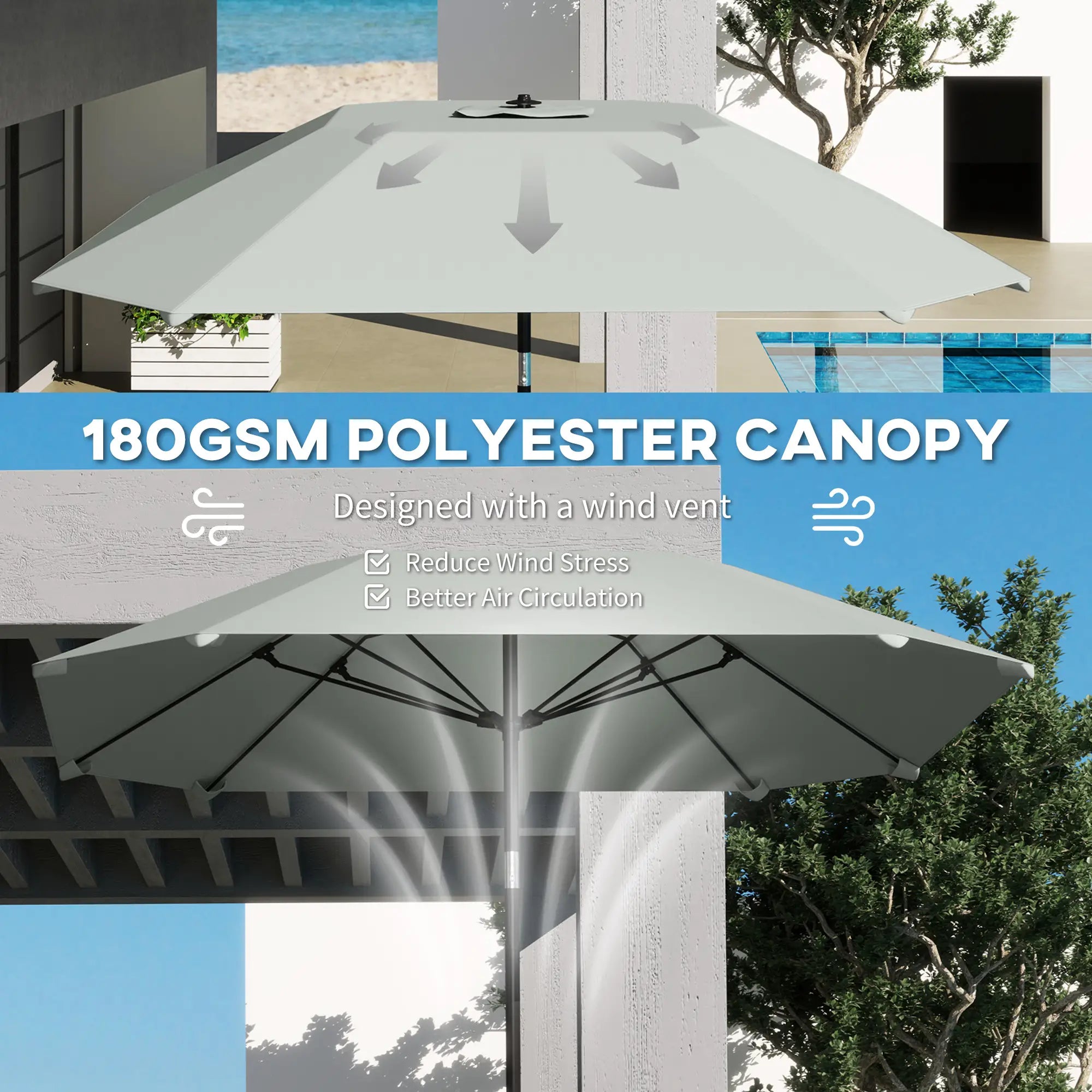7.6FT Aluminum Patio Umbrella, 8 Ribs, Crank Tilt, Light Grey Sun Umbrellas at Gallery Canada