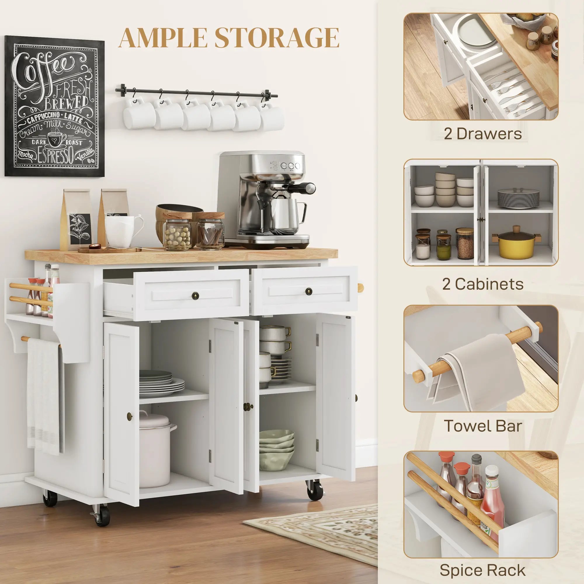 Kitchen Island with Storage, Rolling Cart, Rubber Wood Top, Cream White Kitchen Islands & Kitchen Carts at Gallery Canada