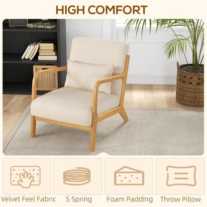 Retro Velvet Accent Chair, Wood Legs, Beige, Bedroom Lounge, Beige