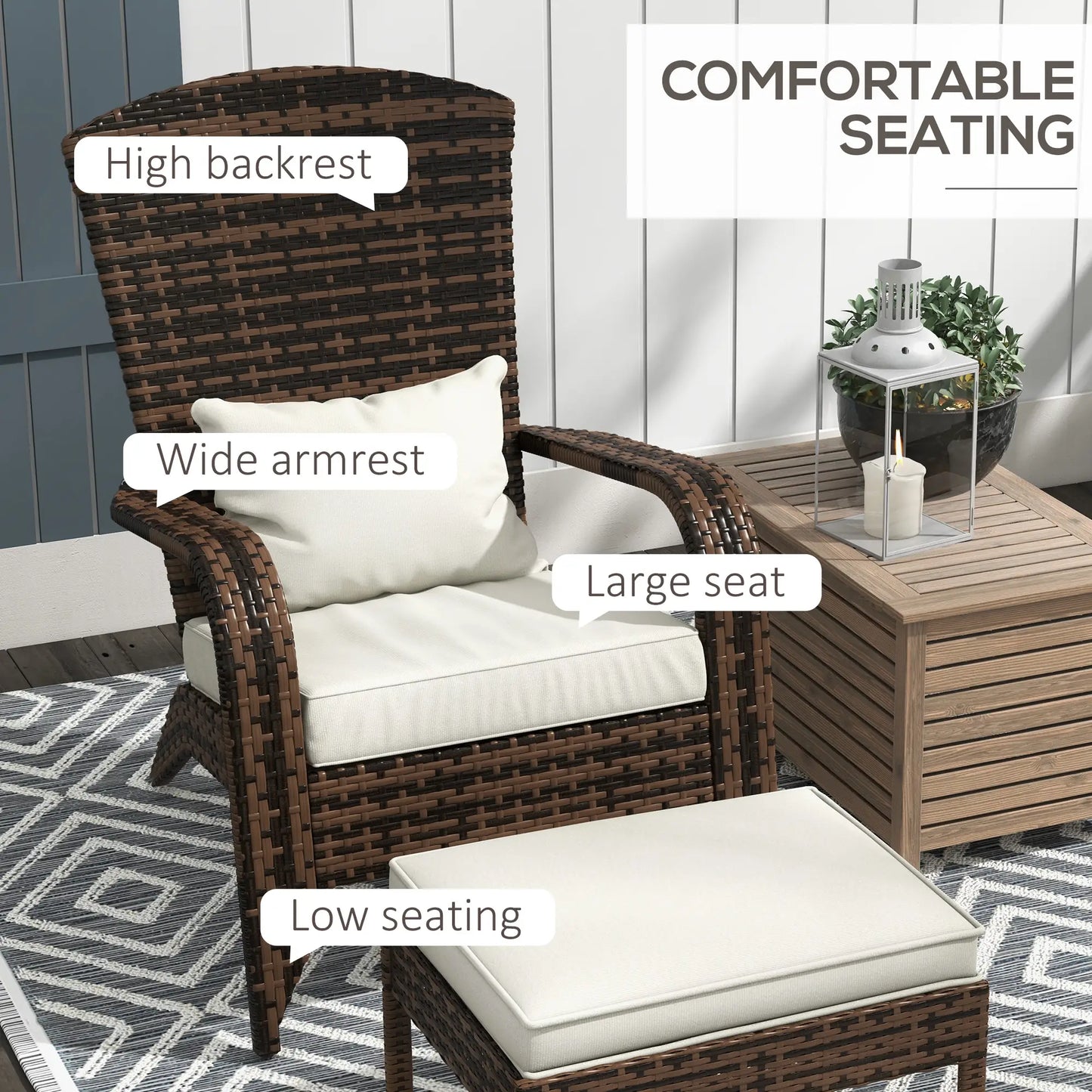 Wicker Adirondack Chair with Ottoman, Cushioned Patio Chair, Cream White, Brown Patio Chairs at Gallery Canada