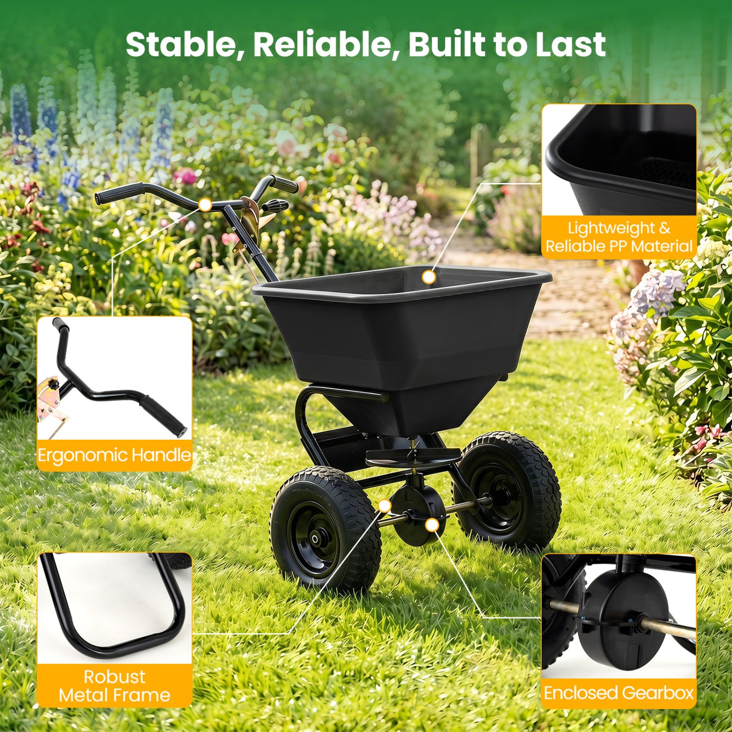 66 LBS Walk-Behind Broadcast Spreader, 13 Inch Tires Lawn Care Tools at Gallery Canada