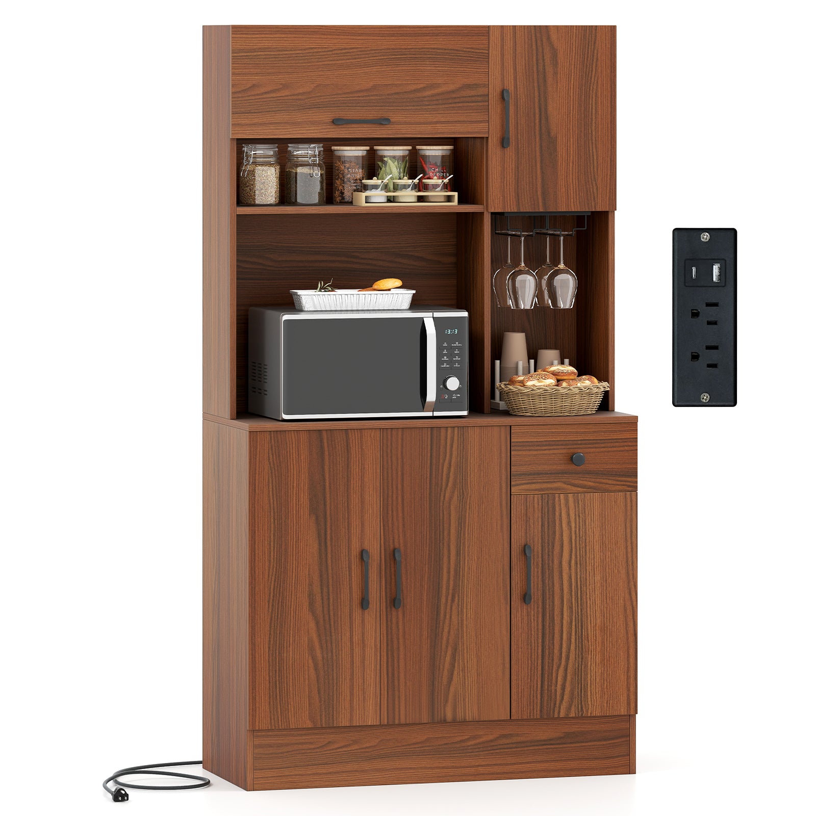 66 inch Pantry Cabinet with Charging Station and Microwave Stand, Brown Sideboards Cabinets & Buffets at Gallery Canada