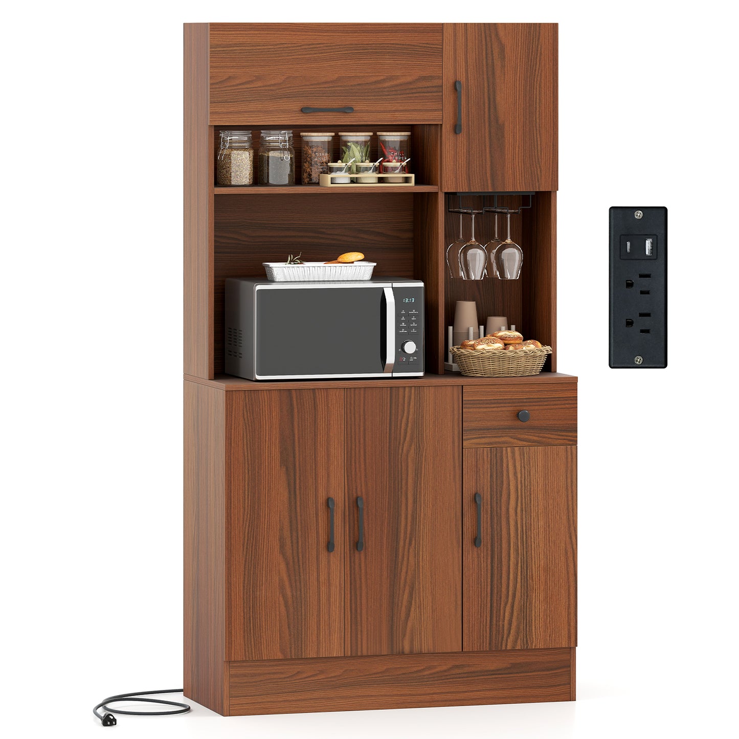 66 inch Pantry Cabinet with Charging Station and Microwave Stand, Brown Sideboards Cabinets & Buffets at Gallery Canada