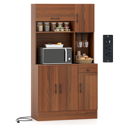 66 inch Pantry Cabinet with Charging Station and Microwave Stand, Brown Sideboards Cabinets & Buffets at Gallery Canada