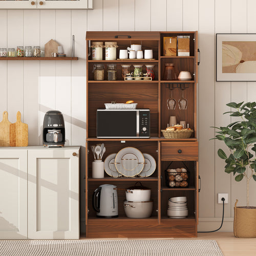 66 inch Pantry Cabinet with Charging Station and Microwave Stand, Brown