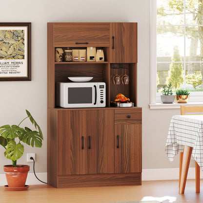66 inch Pantry Cabinet with Charging Station and Microwave Stand, Brown Sideboards Cabinets & Buffets at Gallery Canada
