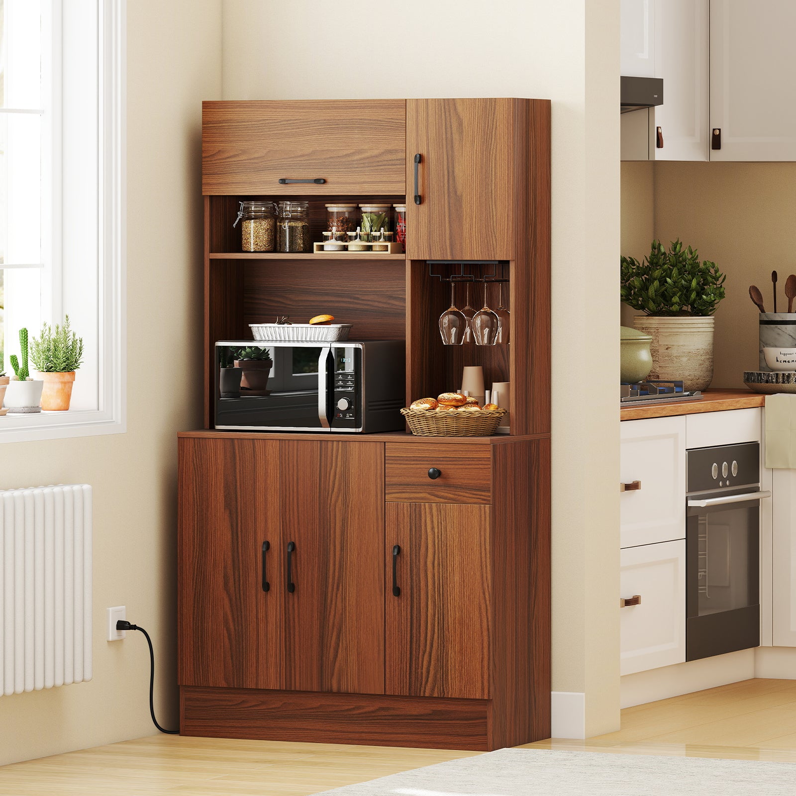 66 inch Pantry Cabinet with Charging Station and Microwave Stand, Brown Sideboards Cabinets & Buffets at Gallery Canada