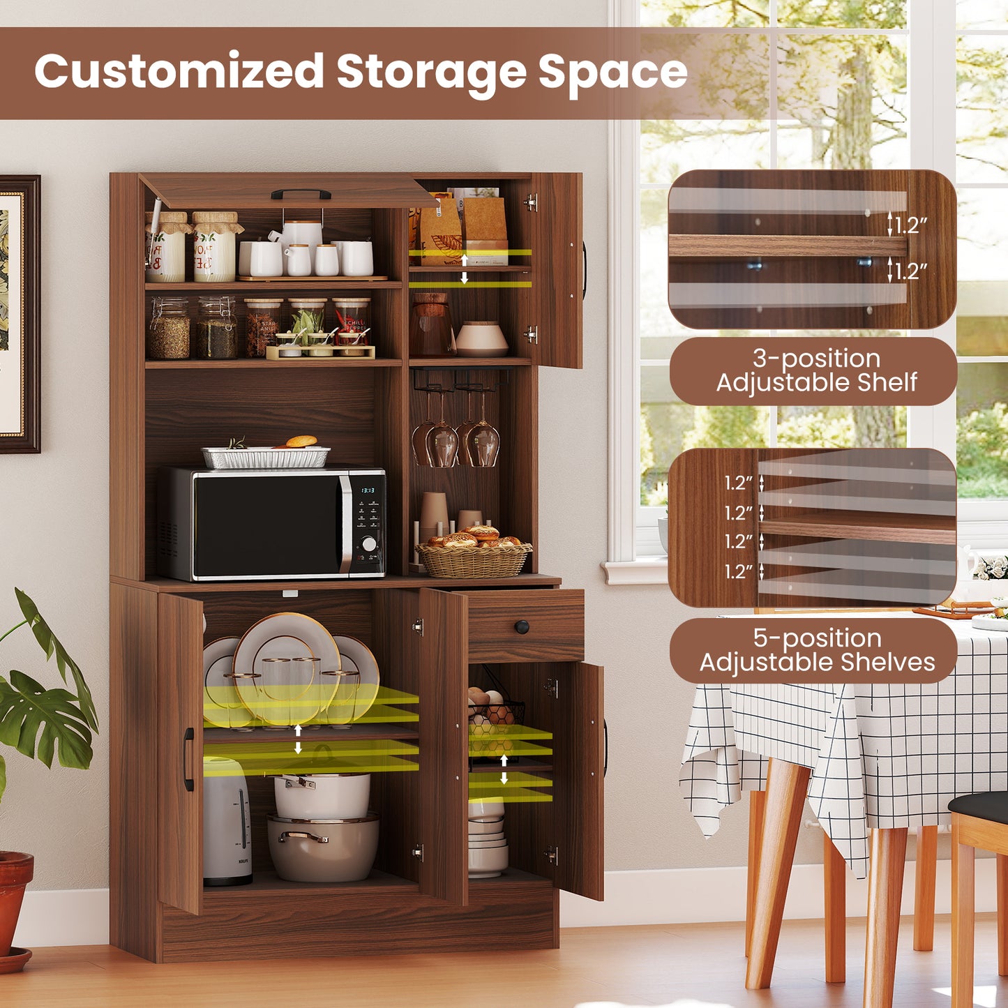 66 inch Pantry Cabinet with Charging Station and Microwave Stand, Brown Sideboards Cabinets & Buffets at Gallery Canada