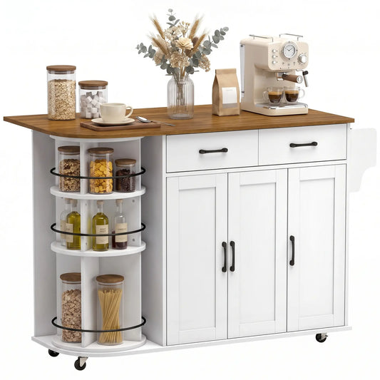 53" Kitchen Island with Outlet, Drop Leaf, Cart on Wheels, White Kitchen Islands & Kitchen Carts Multi Colour at Gallery Canada
