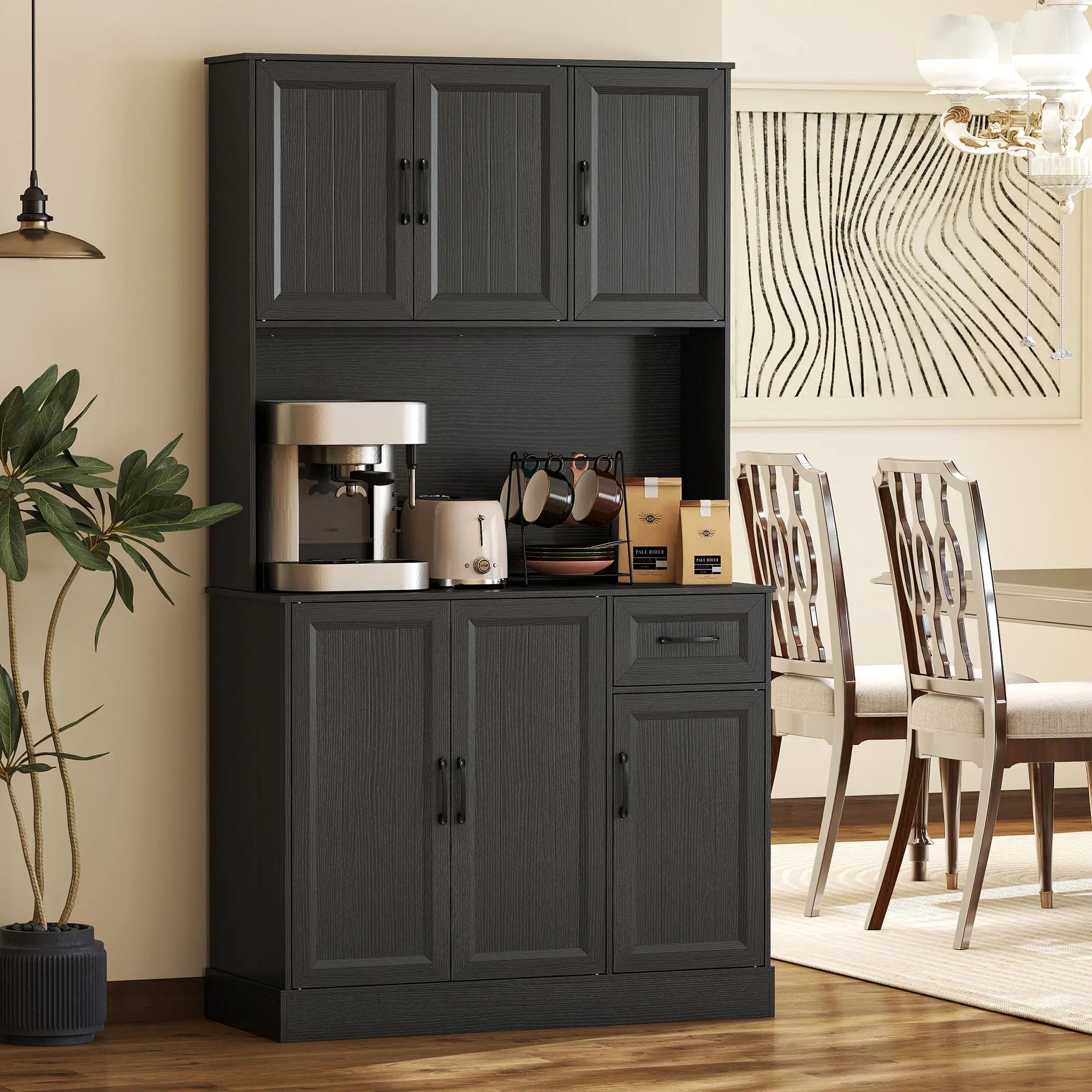 71 Inch Pantry Cabinet with Charging Station, Microwave Stand, Adjustable Shelves, Black Kitchen Pantry Cabinets at Gallery Canada