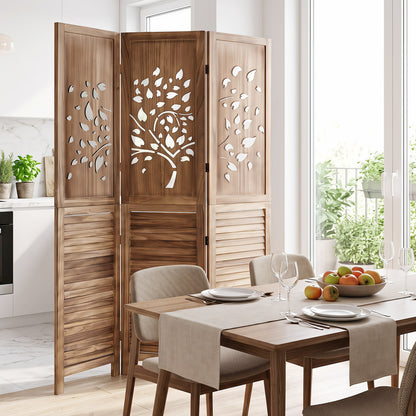 Folding Room Divider 3 Panels, Tree Cutout Louver, 67", Rustic Brown