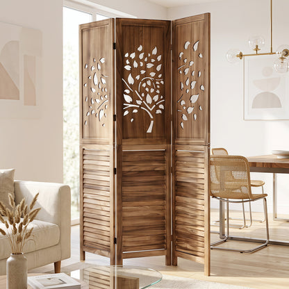 Folding Room Divider 3 Panels, Tree Cutout Louver, 67", Rustic Brown
