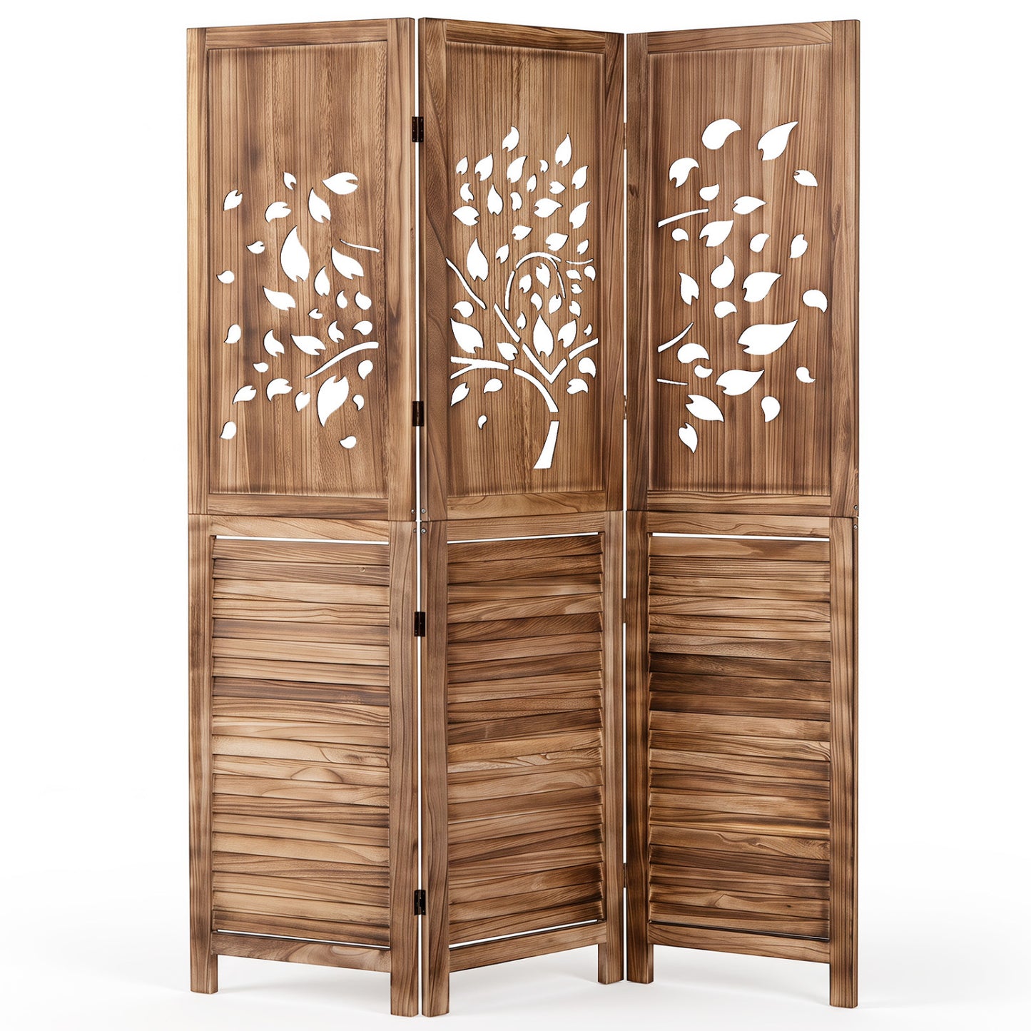 Folding Room Divider 3 Panels, Tree Cutout Louver, 67", Rustic Brown