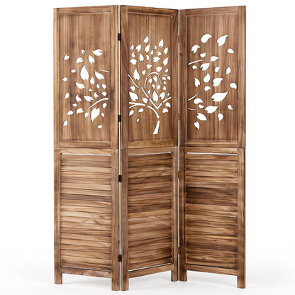 Folding Room Divider 3 Panels, Tree Cutout Louver, 67", Rustic Brown