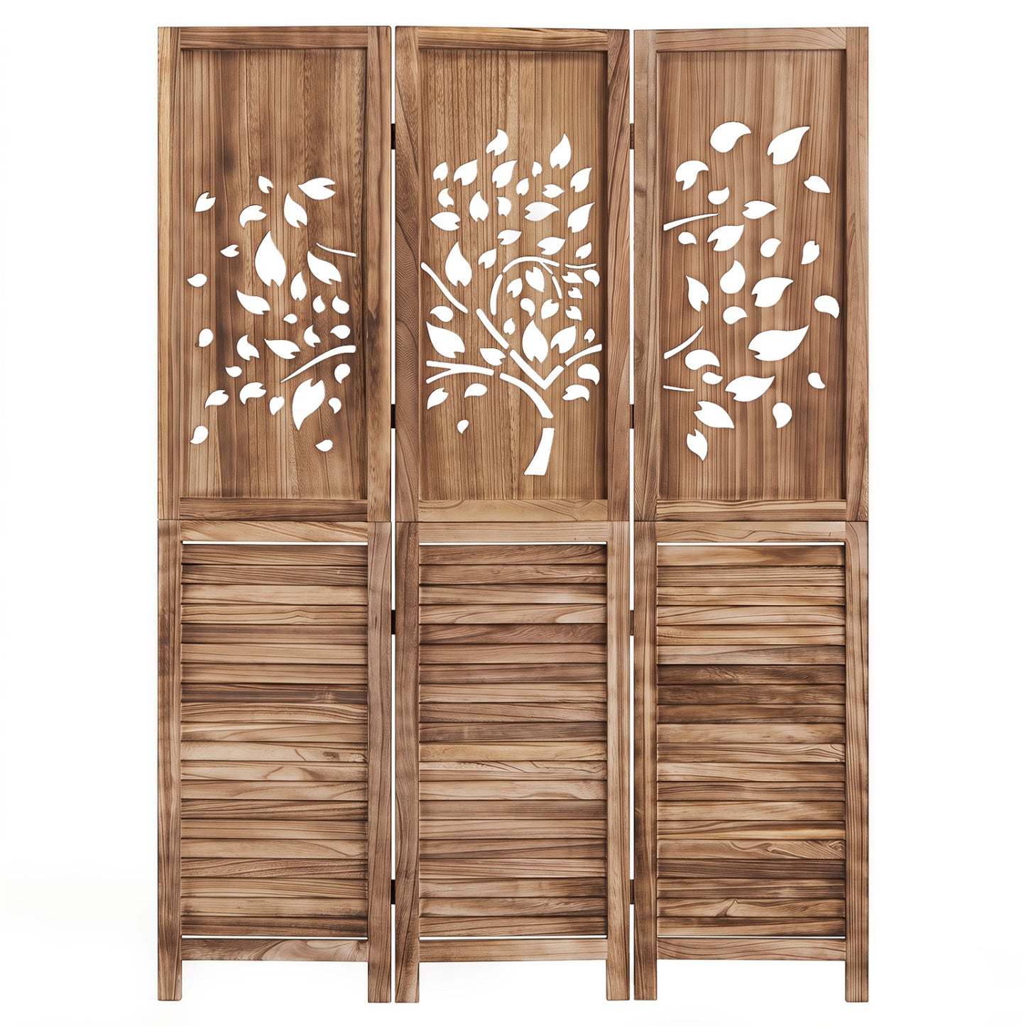 Folding Room Divider 3 Panels, Tree Cutout Louver, 67", Rustic Brown