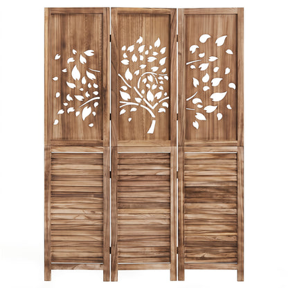 Folding Room Divider 3 Panels, Tree Cutout Louver, 67", Rustic Brown