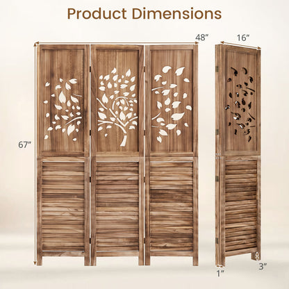 Folding Room Divider 3 Panels, Tree Cutout Louver, 67", Rustic Brown
