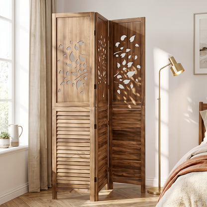 Folding Room Divider 3 Panels, Tree Cutout Louver, 67", Rustic Brown