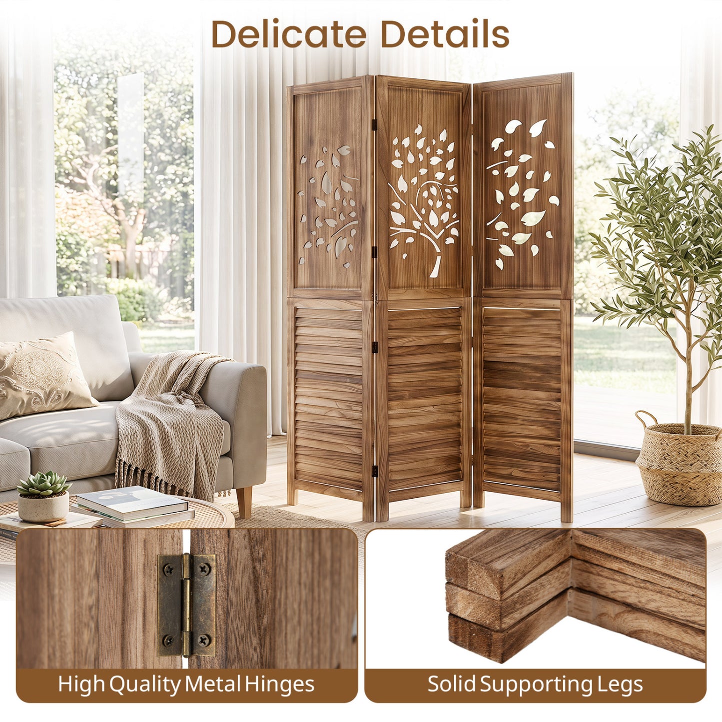 Folding Room Divider 3 Panels, Tree Cutout Louver, 67", Rustic Brown