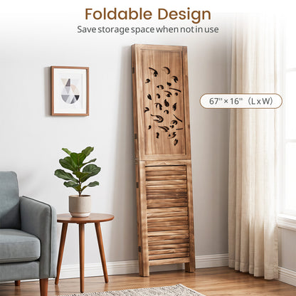 Folding Room Divider 3 Panels, Tree Cutout Louver, 67", Rustic Brown