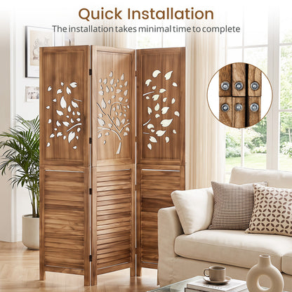 Folding Room Divider 3 Panels, Tree Cutout Louver, 67", Rustic Brown