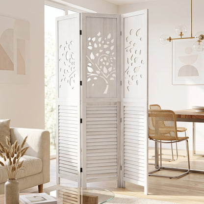 Séparateur de pièce pliable de 67"", 3 panneaux avec découpe en arbre, blanc