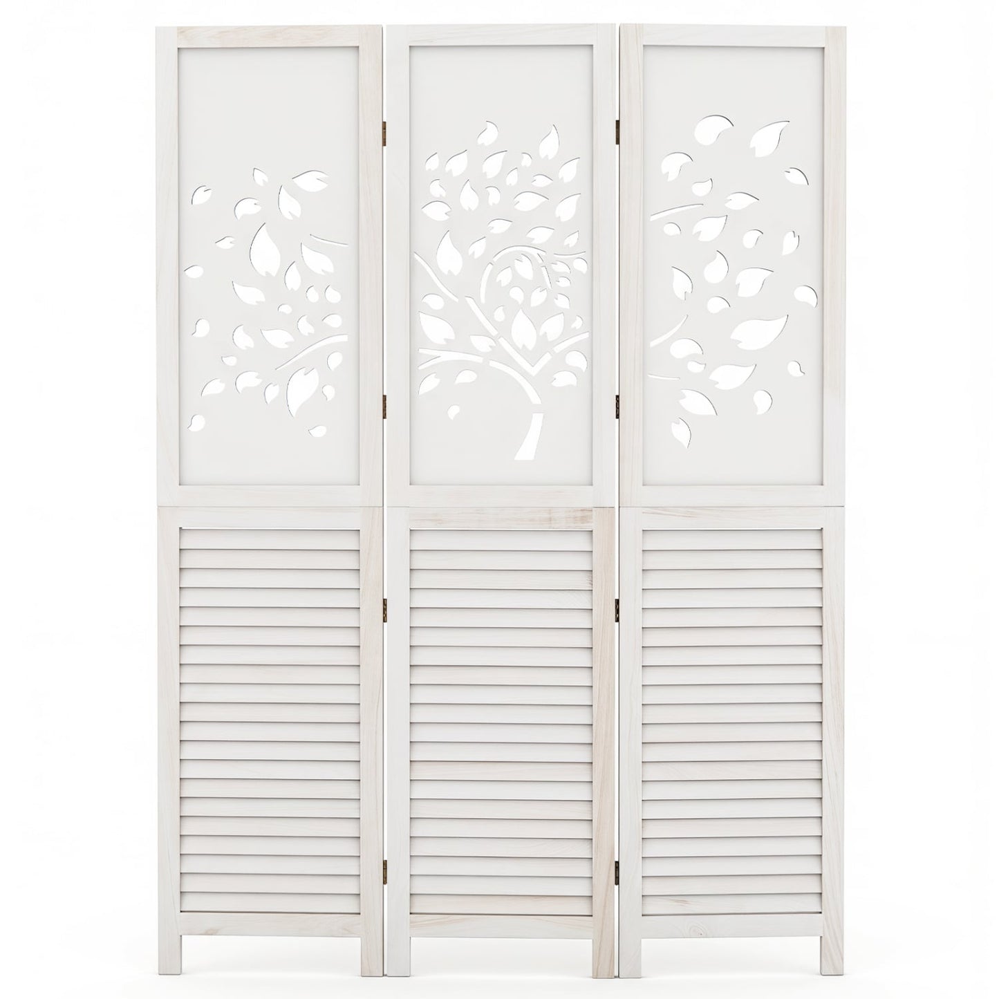 Séparateur de pièce pliable de 67"", 3 panneaux avec découpe en arbre, blanc