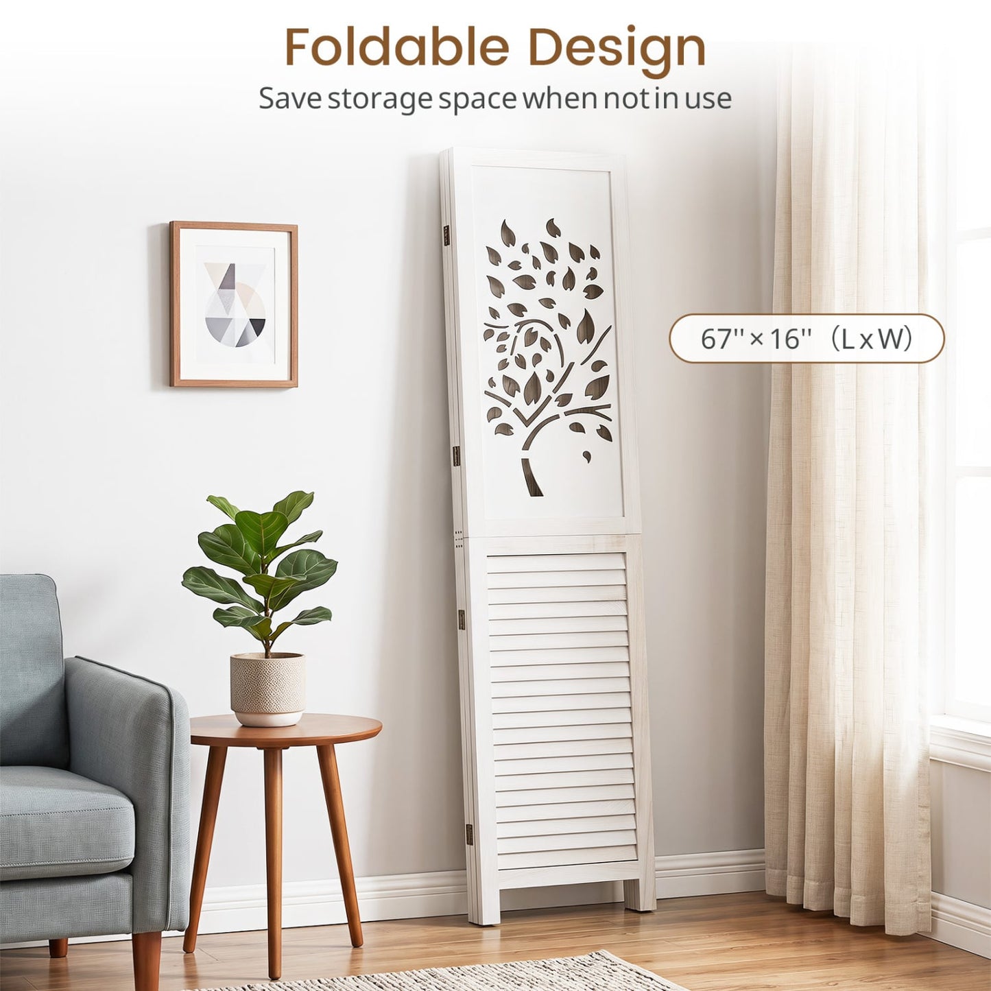 Séparateur de pièce pliable de 67"", 3 panneaux avec découpe en arbre, blanc