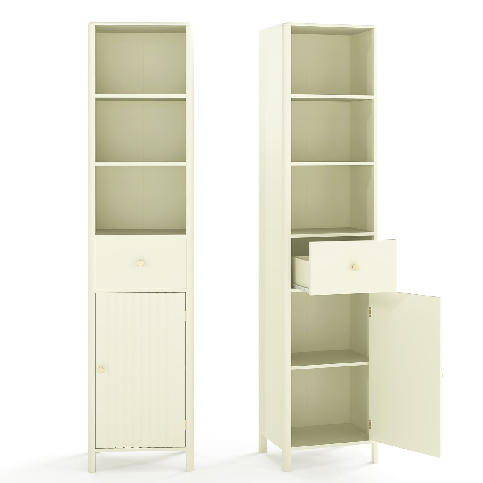 67 Inch Tall Narrow Bathroom Cabinet, Fluted Door, Beige Floor Cabinets Beige at Gallery Canada