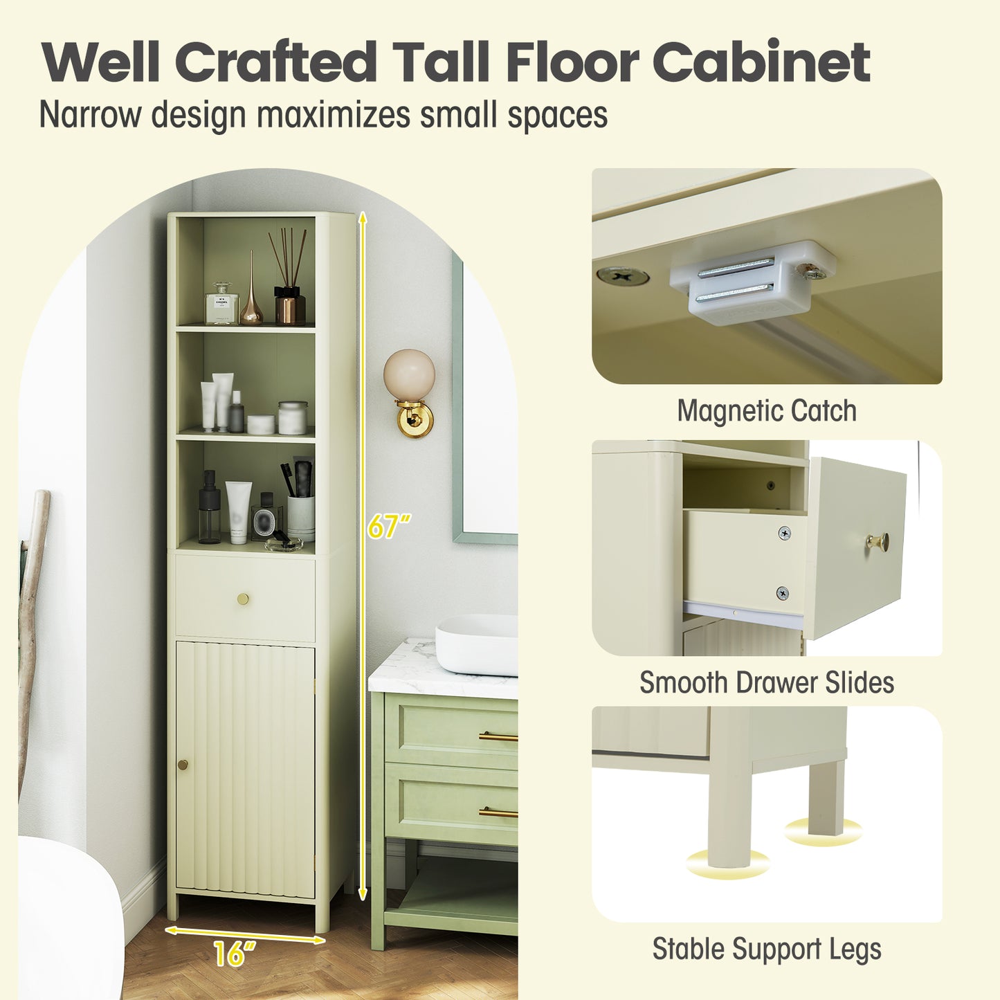 67 Inch Tall Narrow Bathroom Cabinet, Fluted Door, Beige Floor Cabinets at Gallery Canada