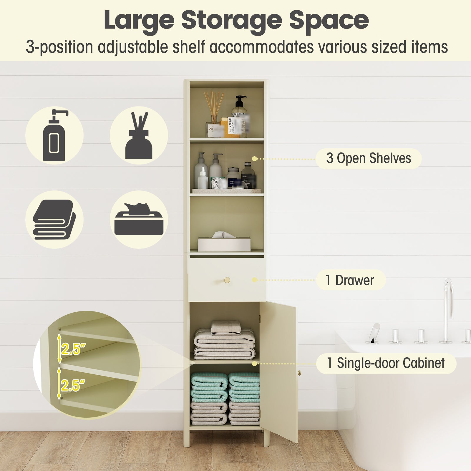 67 Inch Tall Narrow Bathroom Cabinet, Fluted Door, Beige Floor Cabinets at Gallery Canada