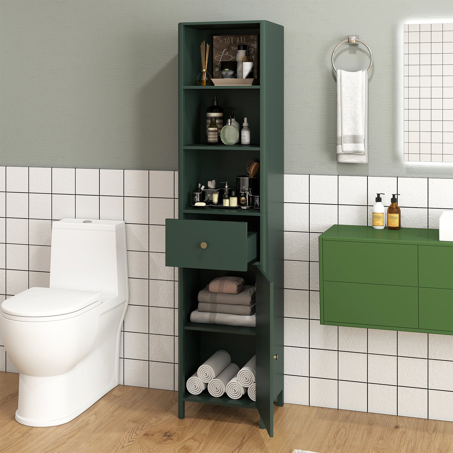 67 Inch Tall Bathroom Cabinet, Narrow Floor Cabinet, Fluted Door, Green Floor Cabinets at Gallery Canada