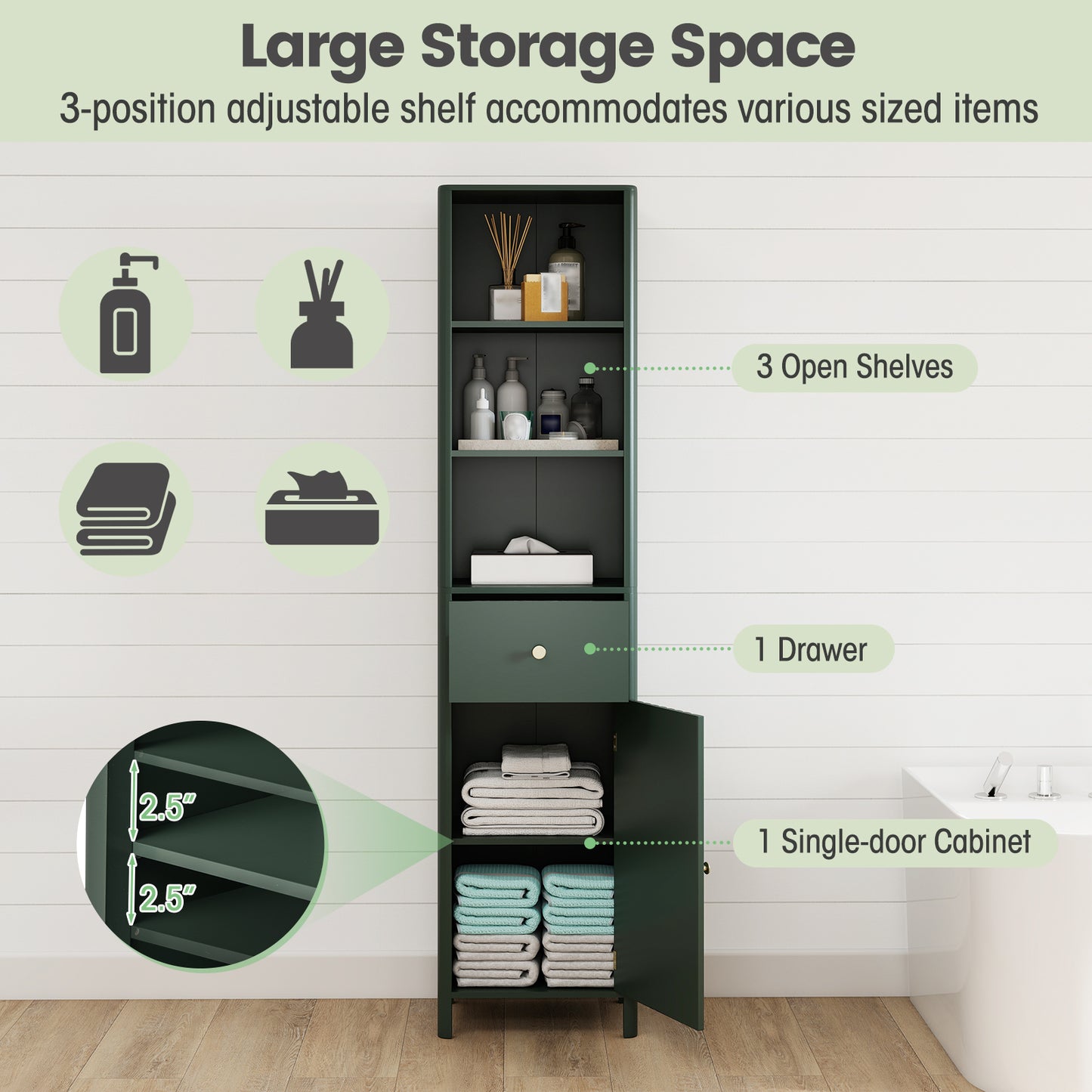 67 Inch Tall Bathroom Cabinet, Narrow Floor Cabinet, Fluted Door, Green Floor Cabinets at Gallery Canada