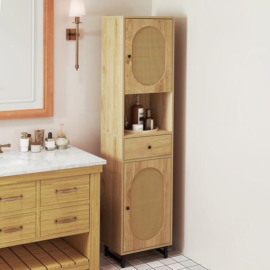 67 Inch Tall Bathroom Cabinet, PE Rattan, 2 Doors, Natural Floor Cabinets Natural at Gallery Canada