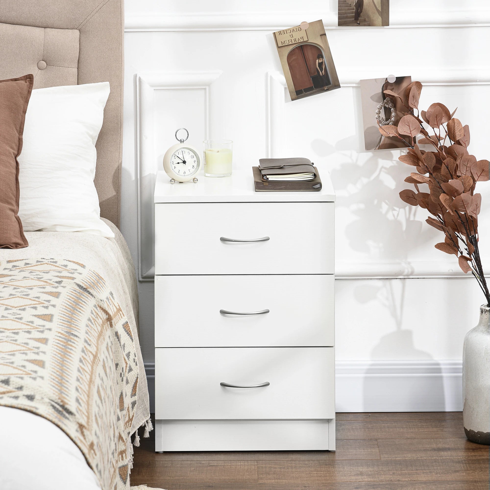 Modern Wood Nightstand, 3 Drawers, Anti-Tipping, White Bedside Tables at Gallery Canada