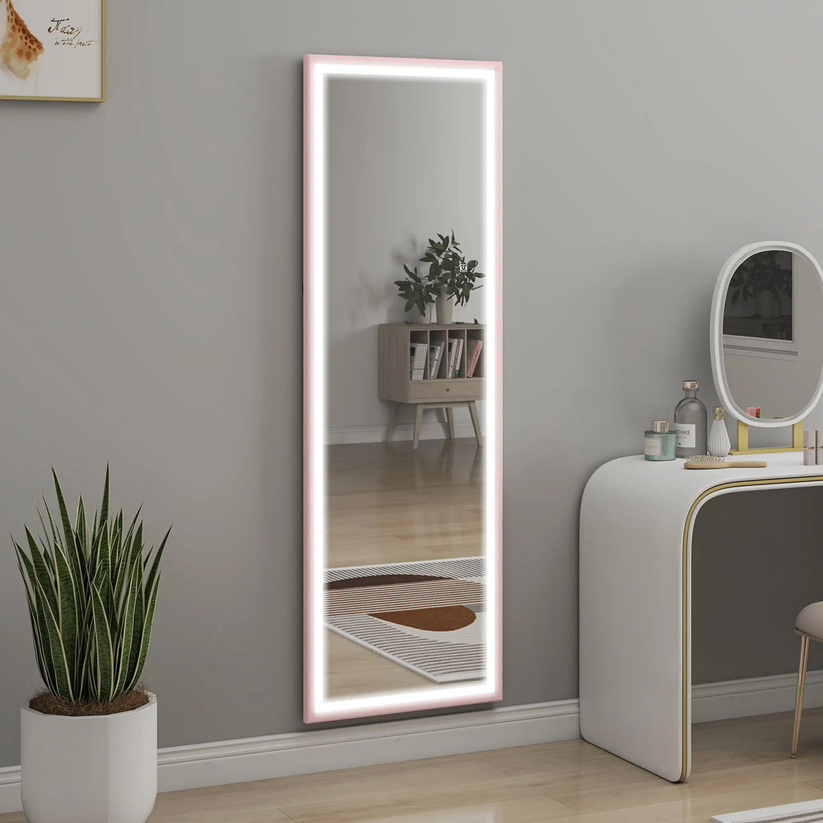 LED Mirror, Dimmable 3 Color Lights, 64" x 21" Rectangular, Pink Full Length Mirrors at Gallery Canada