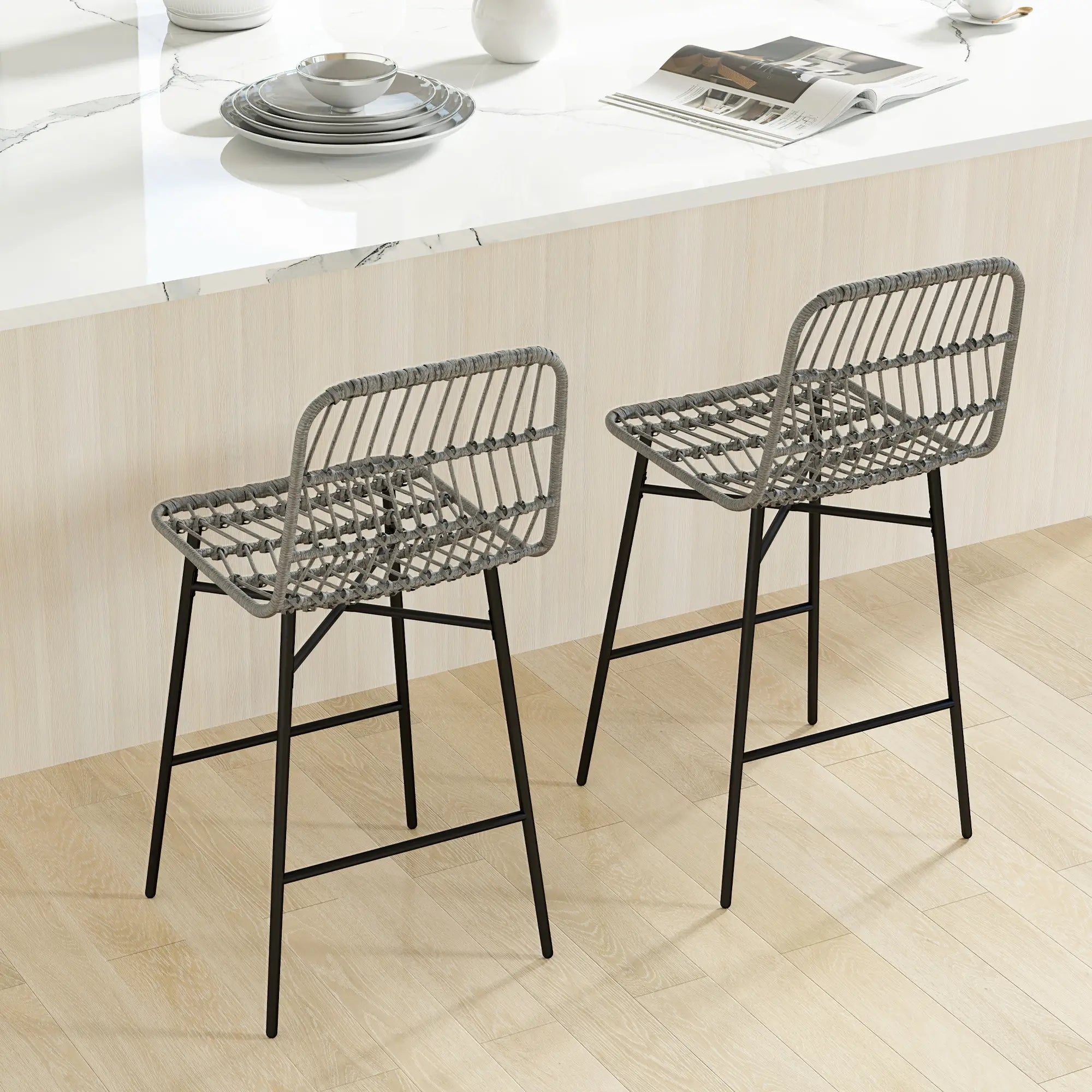 Rattan Counter Height Bar Stools, Set of 2, 26